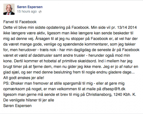 Screenshot of Søren Espersen's final Facebook update